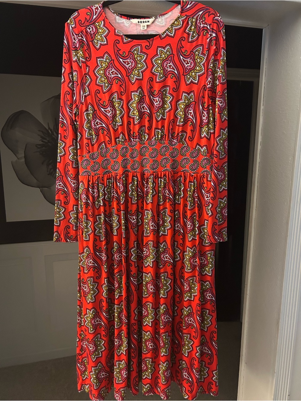 Boden Red Paisley Long-Sleeve Maxi Dress